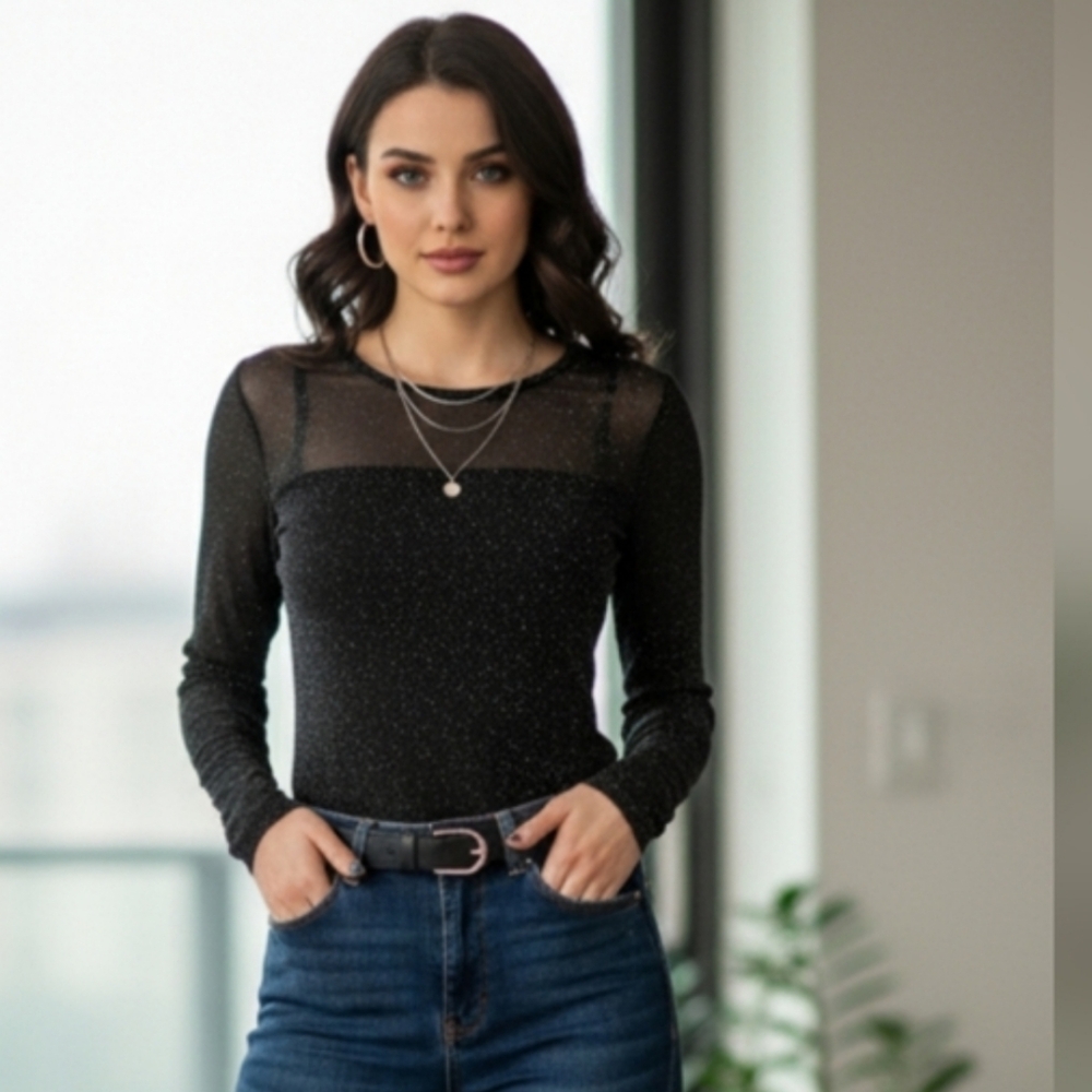 Les Serien Stitch Fix Black Shimmer Sheer Long Sleeve Fitted Top Small